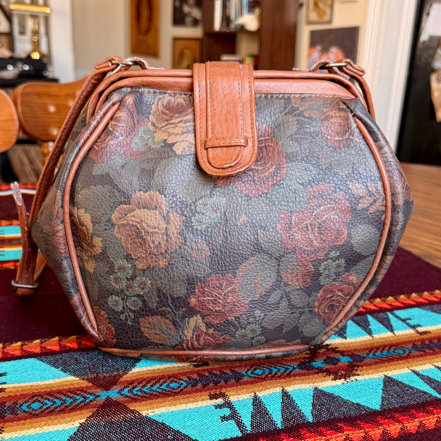 Vintage Floral Rose Patterned Purse with Brown Leather Trim