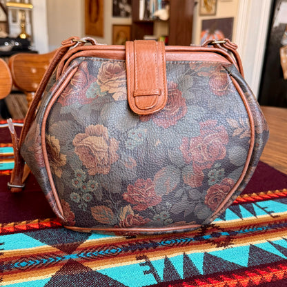 Vintage Floral Rose Patterned Purse with Brown Leather Trim