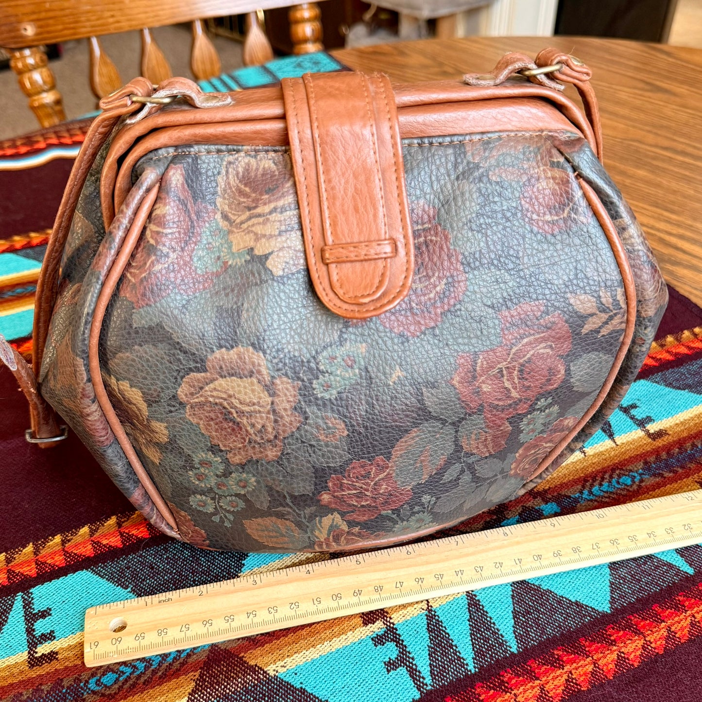 Vintage Floral Rose Patterned Purse with Brown Leather Trim