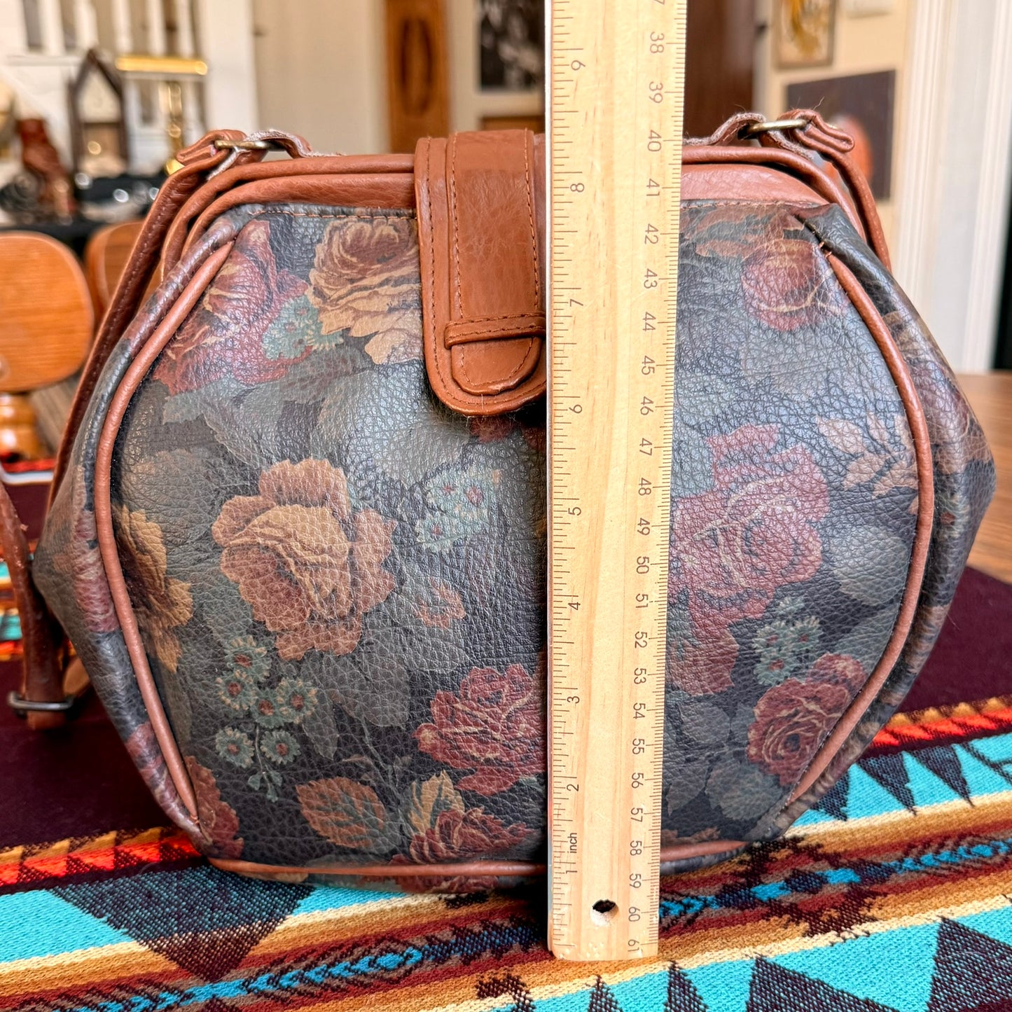 Vintage Floral Rose Patterned Purse with Brown Leather Trim