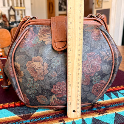 Vintage Floral Rose Patterned Purse with Brown Leather Trim