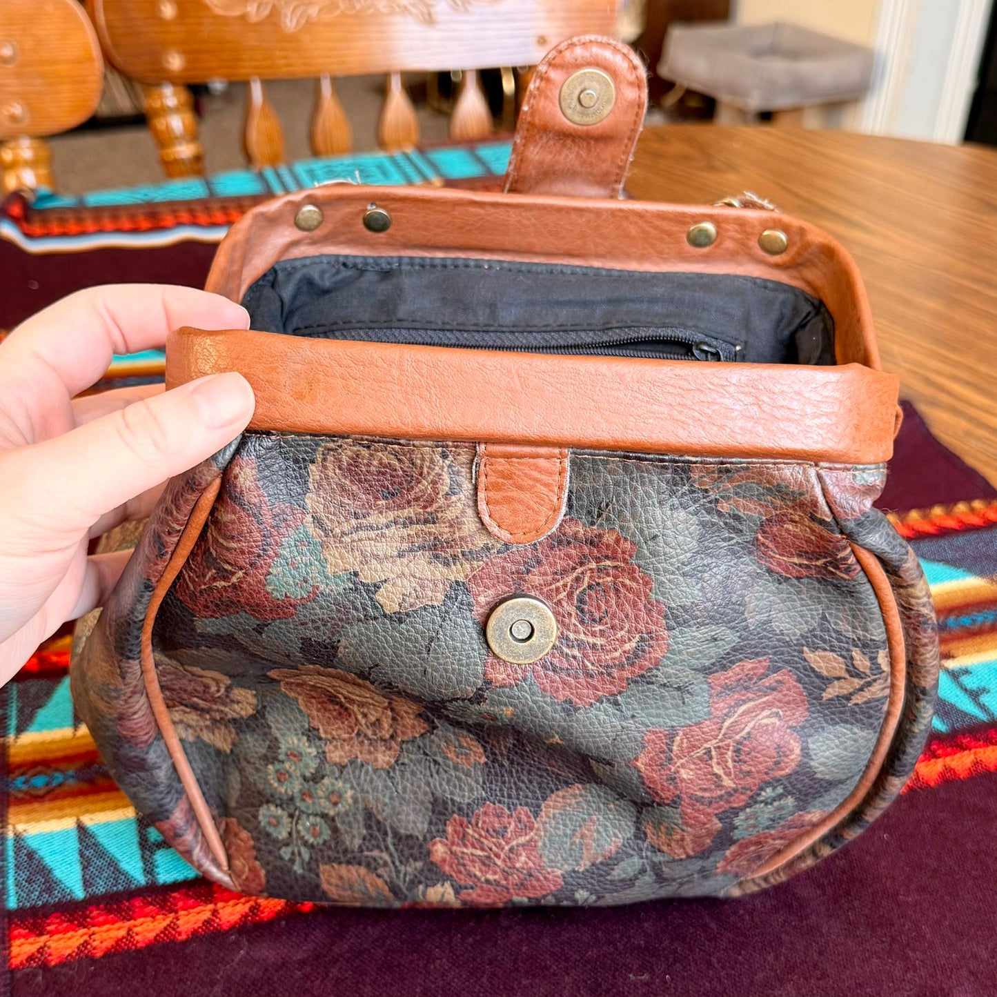 Vintage Floral Rose Patterned Purse with Brown Leather Trim