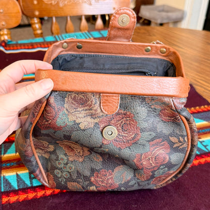 Vintage Floral Rose Patterned Purse with Brown Leather Trim