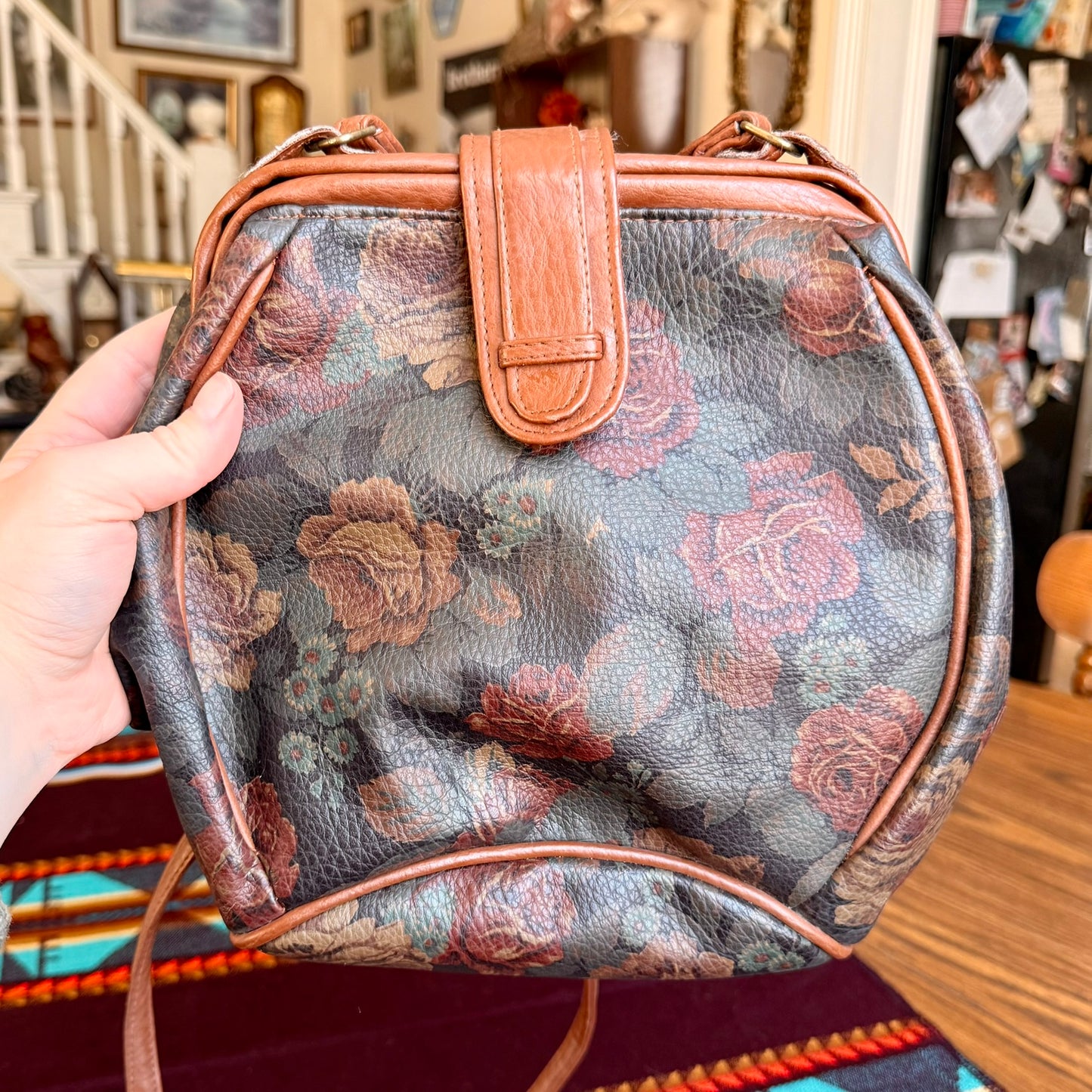 Vintage Floral Rose Patterned Purse with Brown Leather Trim