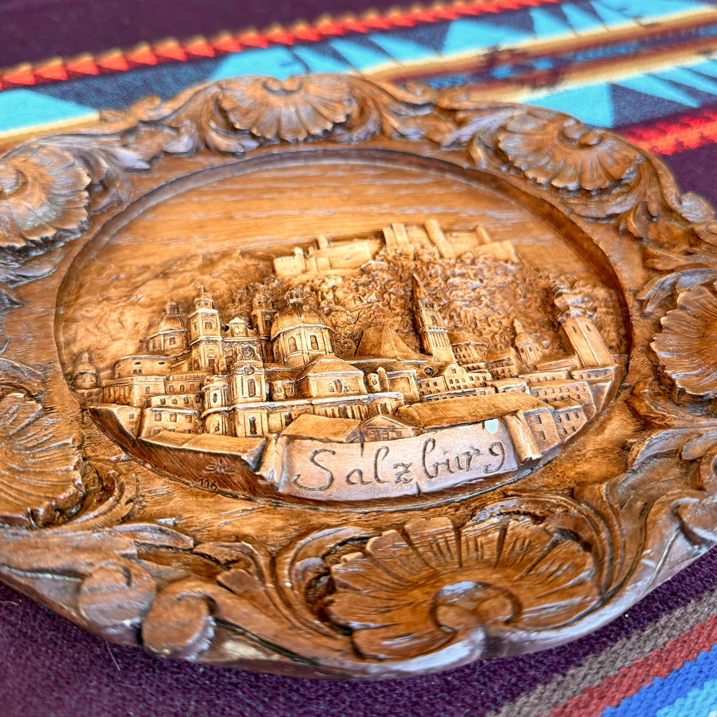 Vintage Resin Faux Wood Carved Saltzburg, Austria 3D Relief