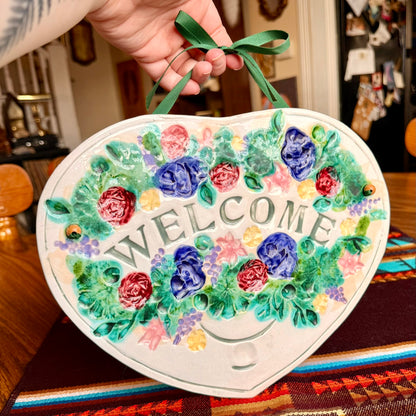Vintage Hand Painted Ceramic Floral Heart Shaped Embossed Welcome Sign