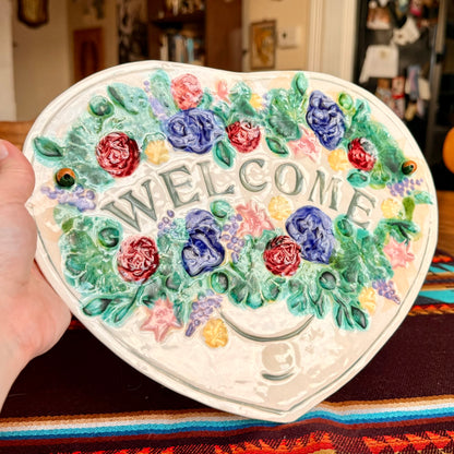 Vintage Hand Painted Ceramic Floral Heart Shaped Embossed Welcome Sign