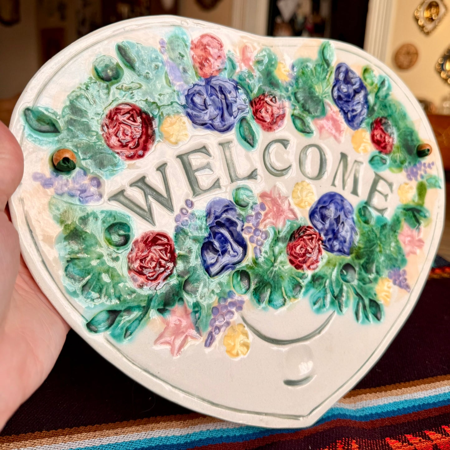 Vintage Hand Painted Ceramic Floral Heart Shaped Embossed Welcome Sign