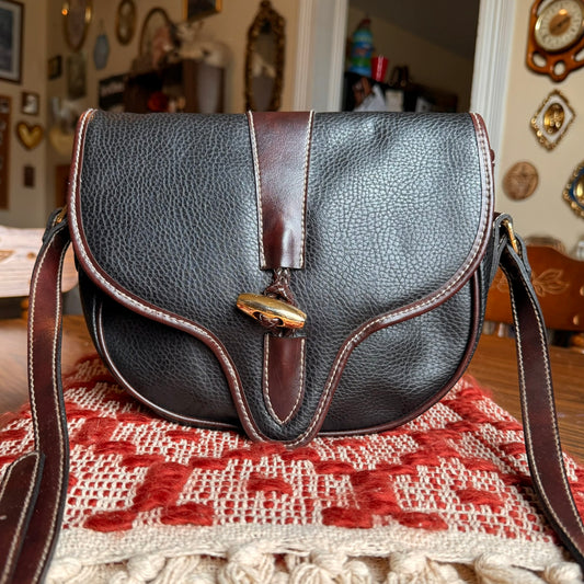 Vintage Leather Crossbody Bag w/ Brass Hardware and Matching Keychain
