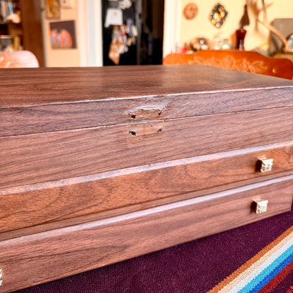 Vintage 1950’s Mele Style Jewelry Box Faux Wood Grain With Gold Velvet Lining