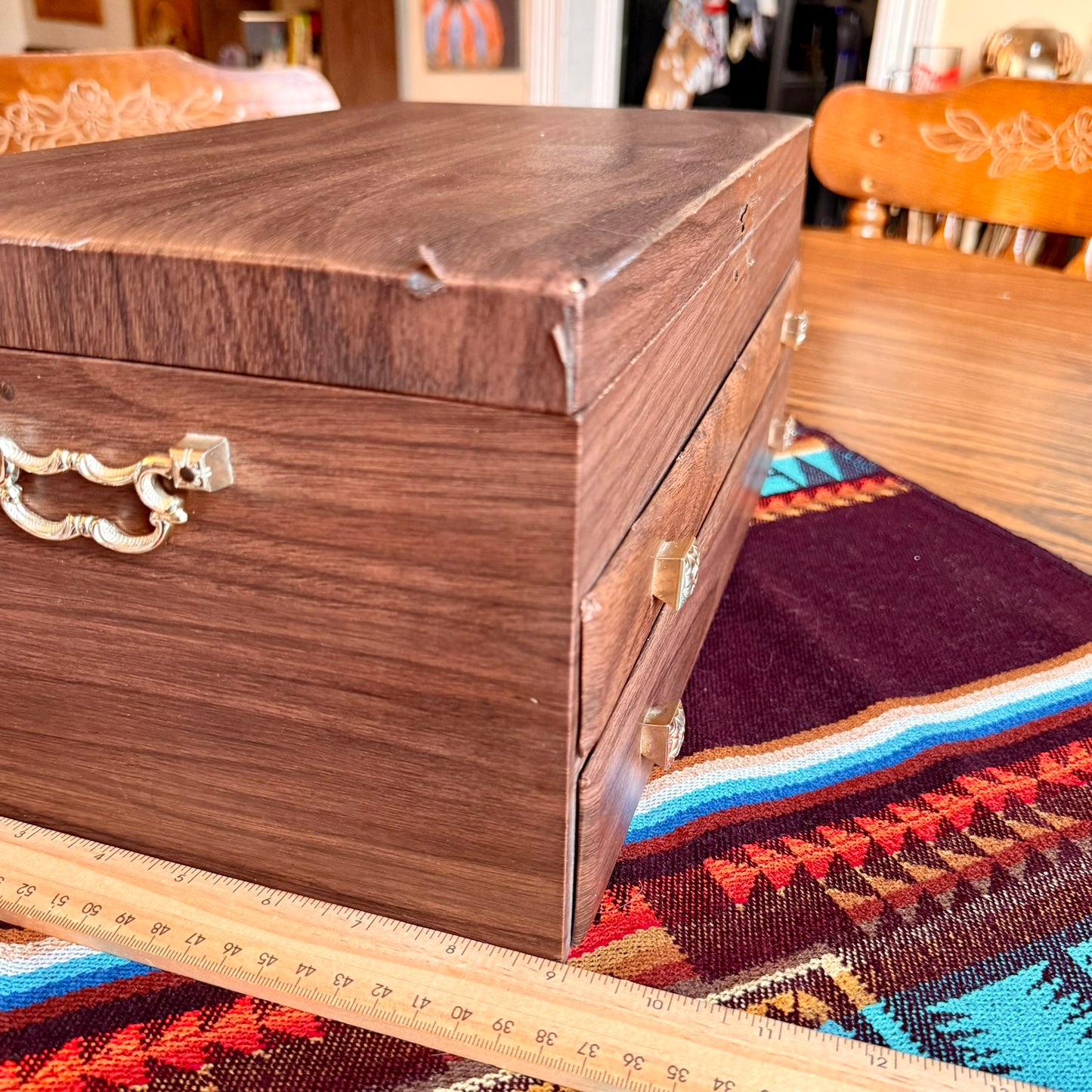 Vintage 1950’s Mele Style Jewelry Box Faux Wood Grain With Gold Velvet Lining