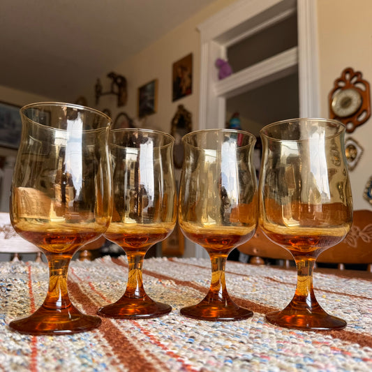 Set of 4 Amber Mid Century Modern Connoisseur Tawny Wine Goblets by Libby