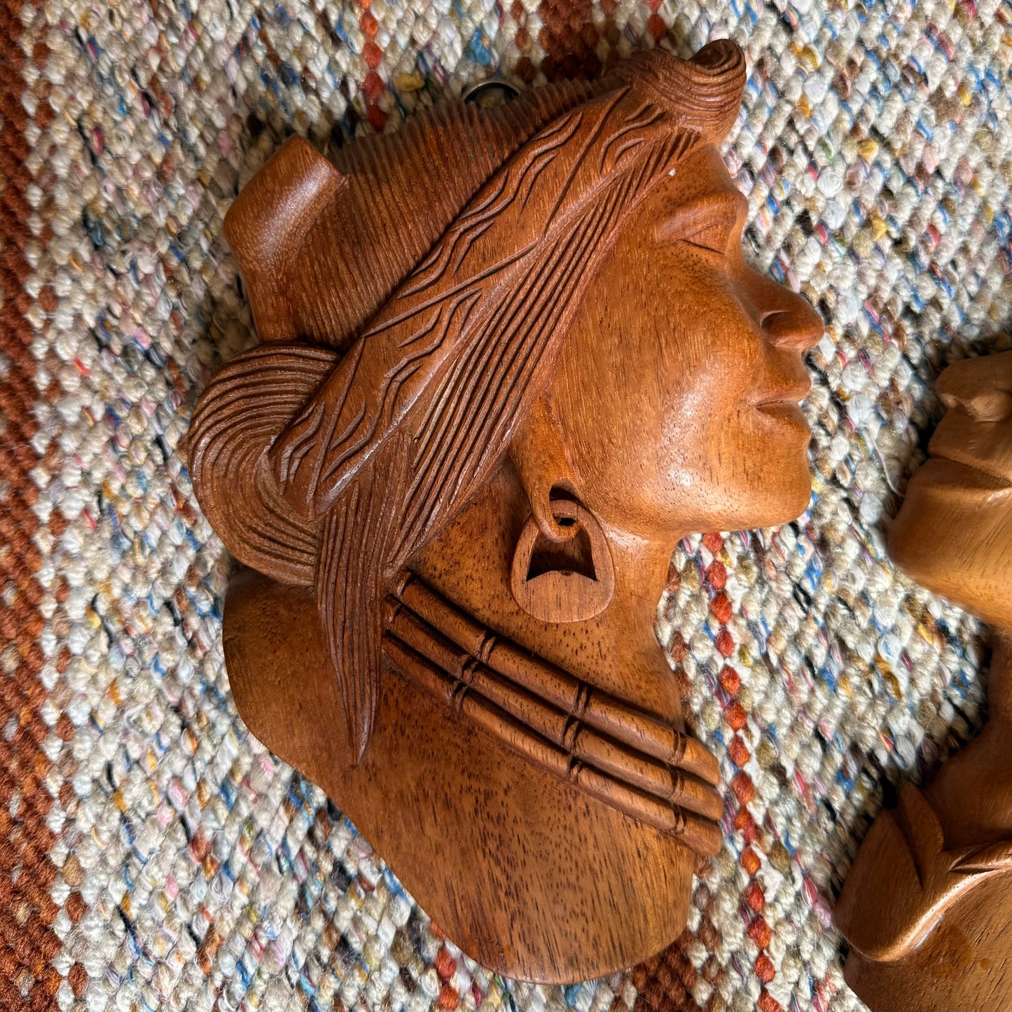 Vintage Pair of Folk Art Tribal Hand Carved Wooden Wall Hanging Head Sculptures