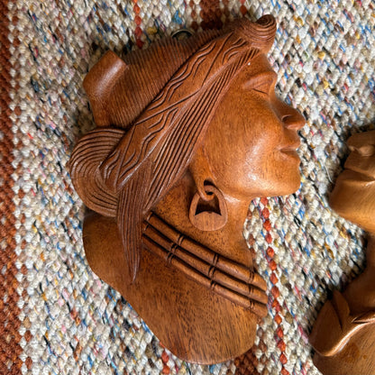 Vintage Pair of Folk Art Tribal Hand Carved Wooden Wall Hanging Head Sculptures