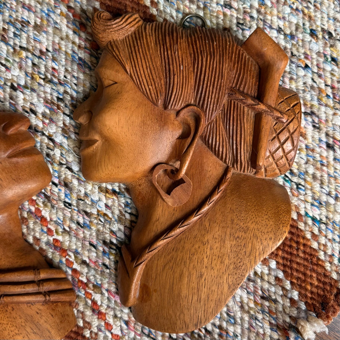 Vintage Pair of Folk Art Tribal Hand Carved Wooden Wall Hanging Head Sculptures