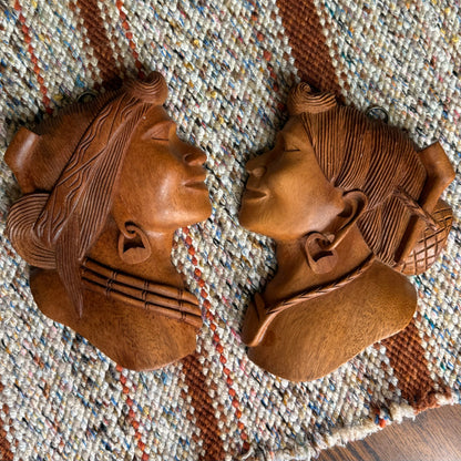 Vintage Pair of Folk Art Tribal Hand Carved Wooden Wall Hanging Head Sculptures