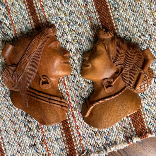 Vintage Pair of Folk Art Tribal Hand Carved Wooden Wall Hanging Head Sculptures