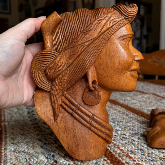Vintage Pair of Folk Art Tribal Hand Carved Wooden Wall Hanging Head Sculptures