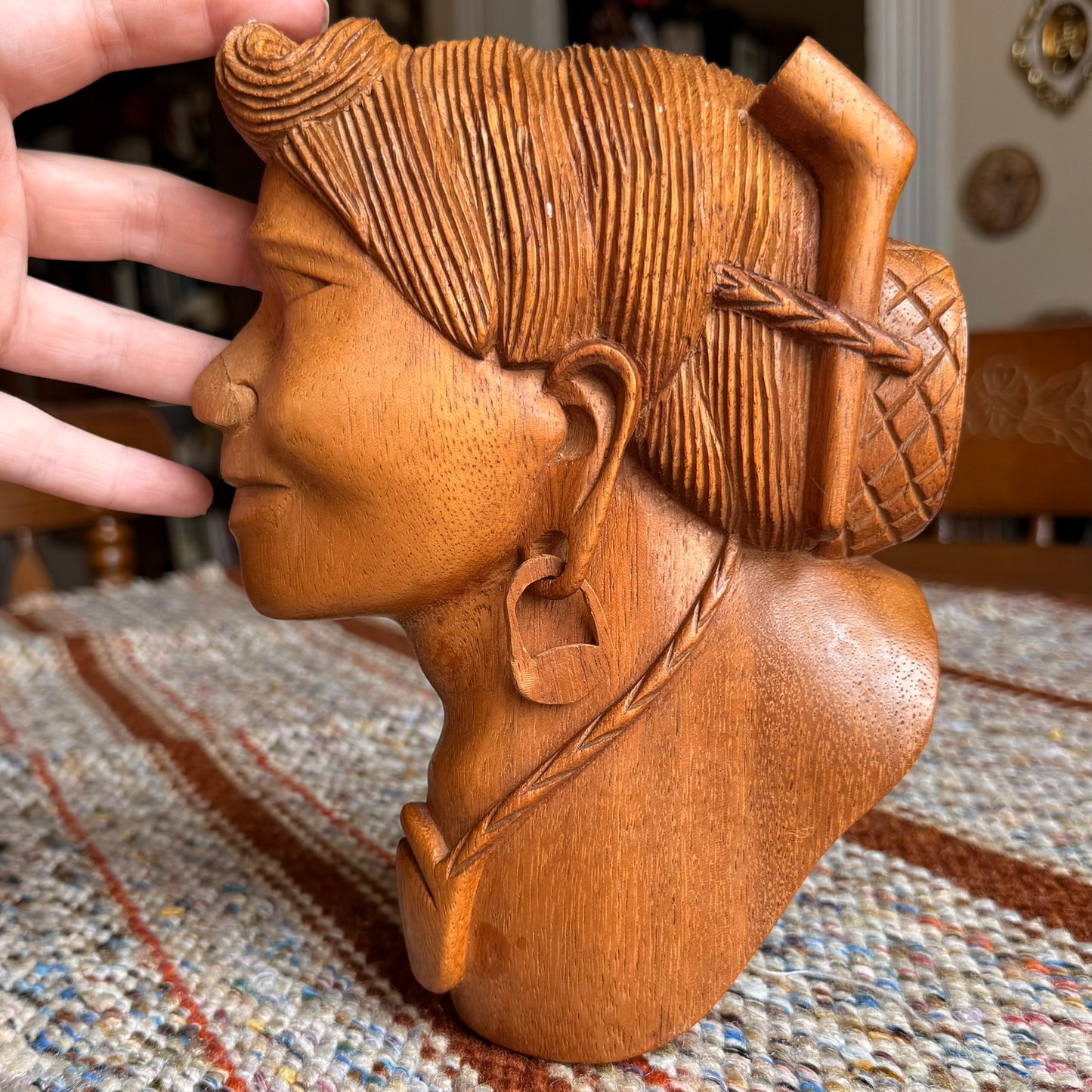 Vintage Pair of Folk Art Tribal Hand Carved Wooden Wall Hanging Head Sculptures