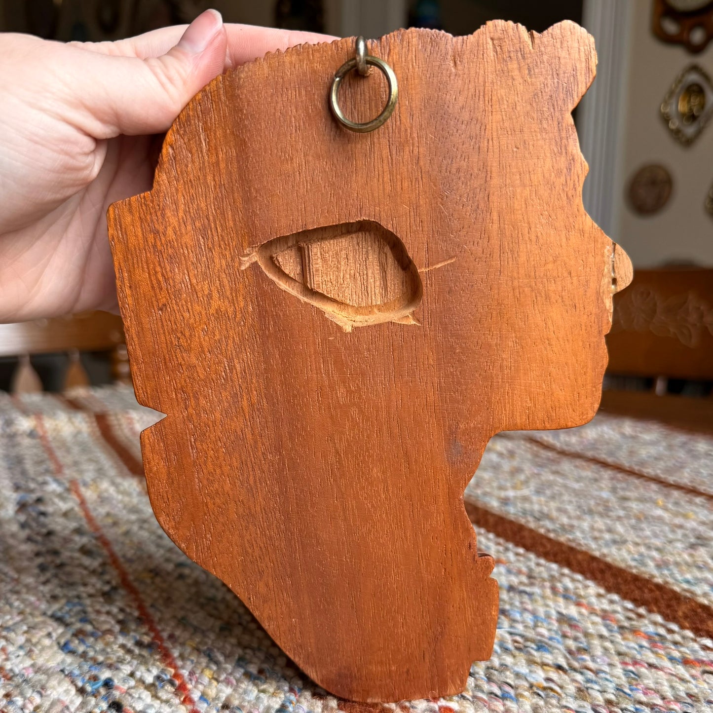 Vintage Pair of Folk Art Tribal Hand Carved Wooden Wall Hanging Head Sculptures