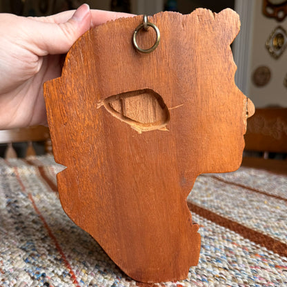 Vintage Pair of Folk Art Tribal Hand Carved Wooden Wall Hanging Head Sculptures