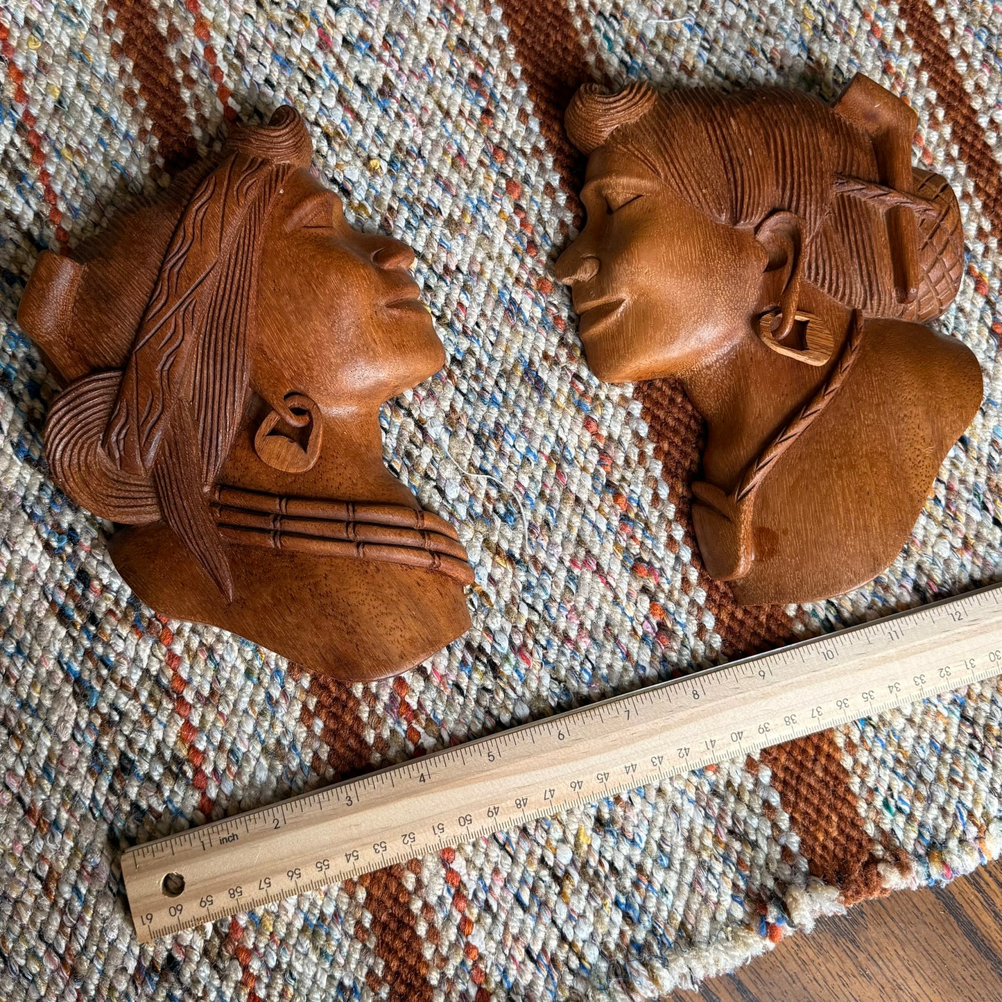 Vintage Pair of Folk Art Tribal Hand Carved Wooden Wall Hanging Head Sculptures
