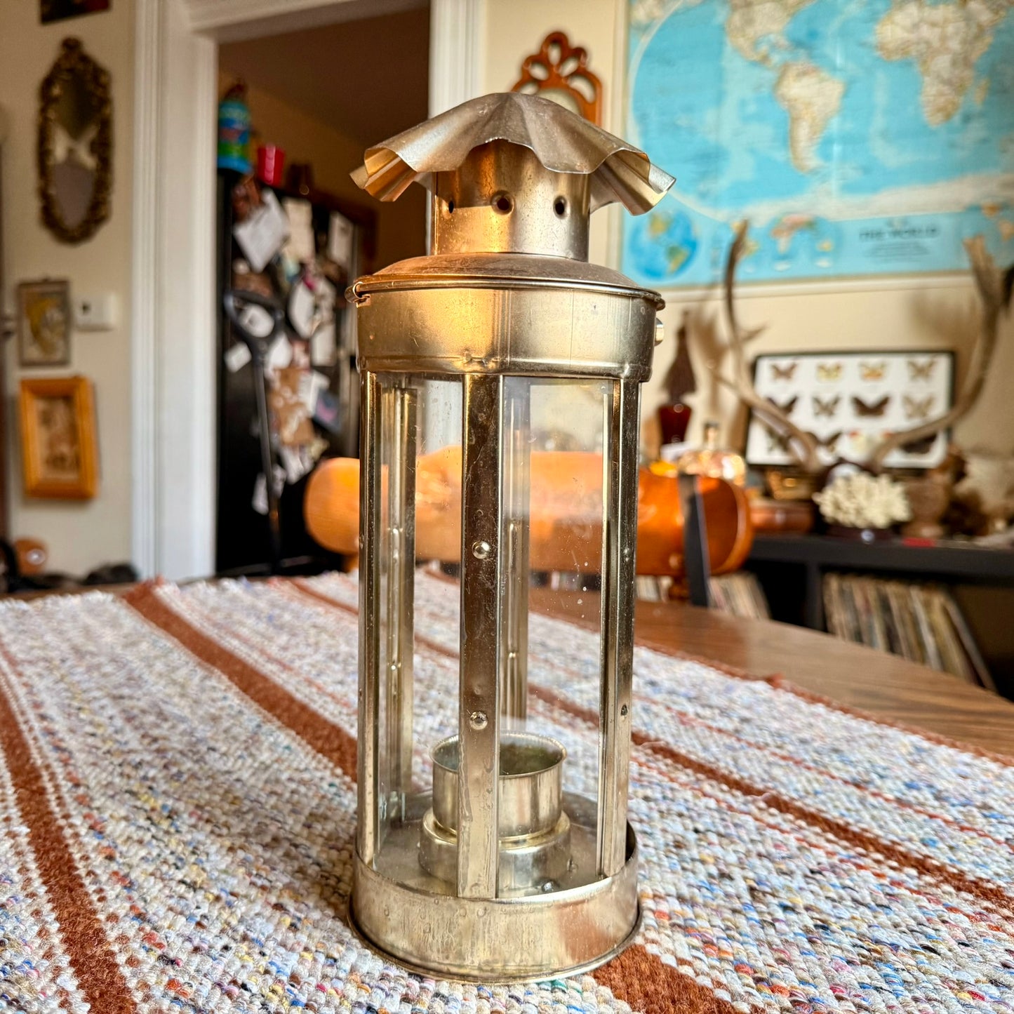Vintage Metal Brass and Glass Candle Holder / Lantern