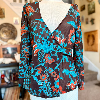 Vintage 90s / 2000s y2k Sheer Patterned Fresh Wear Wrap Top