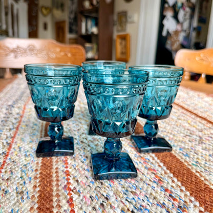 Set of 4 Vintage Mid-Century Modern Indiana Glass Park Lane Blue Glass Pedestal Wine Goblets