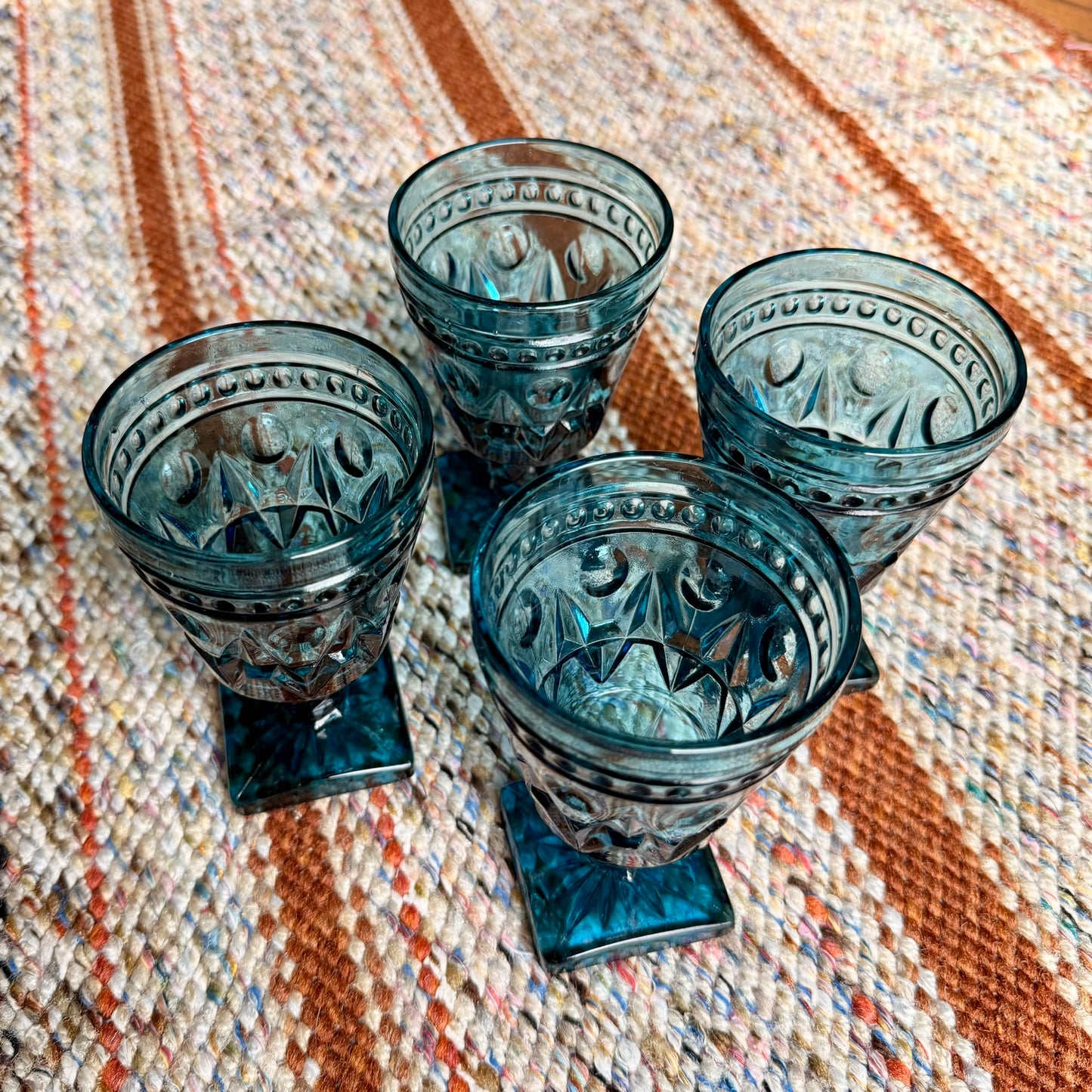 Set of 4 Vintage Mid-Century Modern Indiana Glass Park Lane Blue Glass Pedestal Wine Goblets