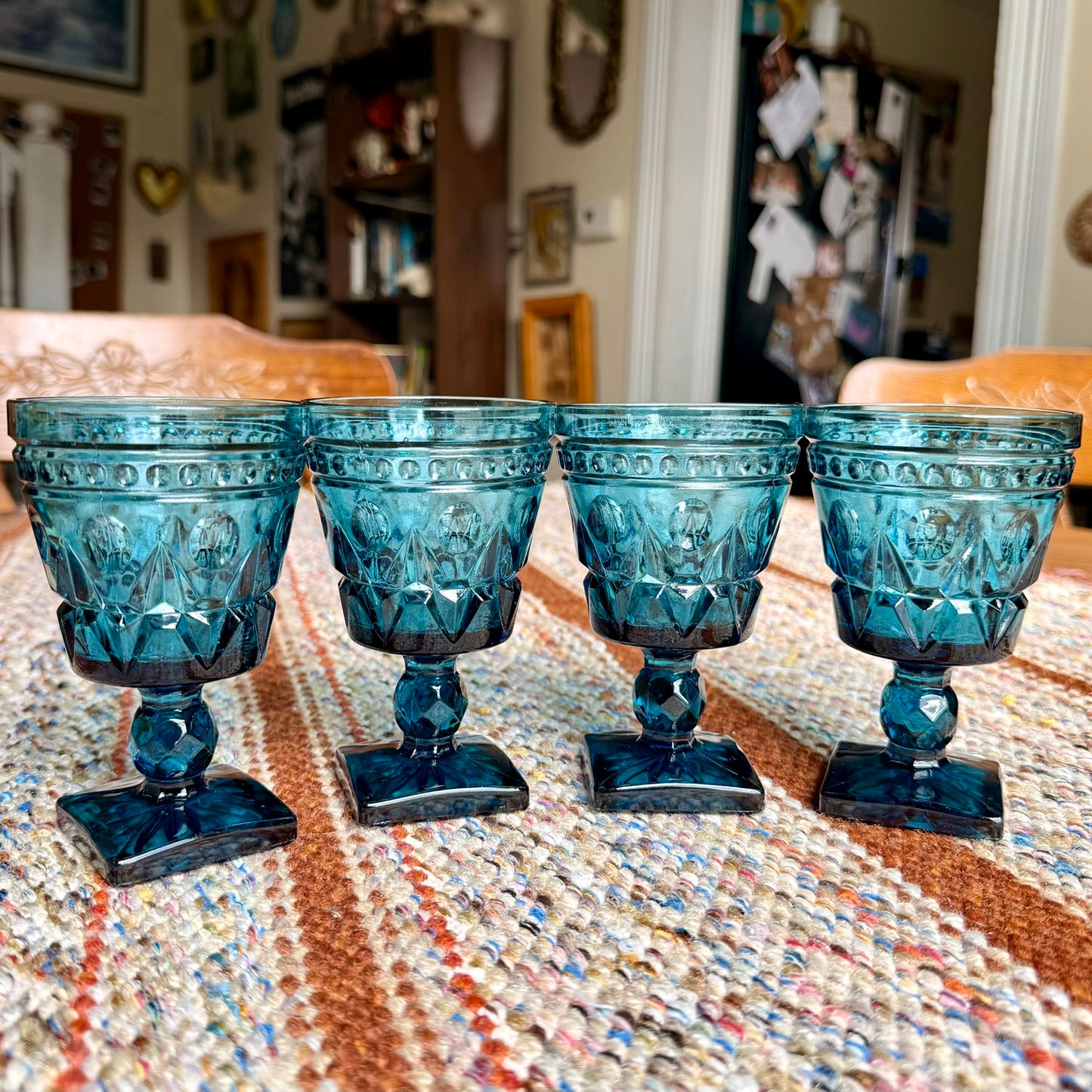 Set of 4 Vintage Mid-Century Modern Indiana Glass Park Lane Blue Glass Pedestal Wine Goblets
