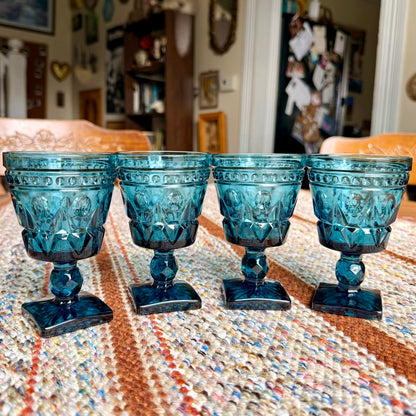 Set of 4 Vintage Mid-Century Modern Indiana Glass Park Lane Blue Glass Pedestal Wine Goblets
