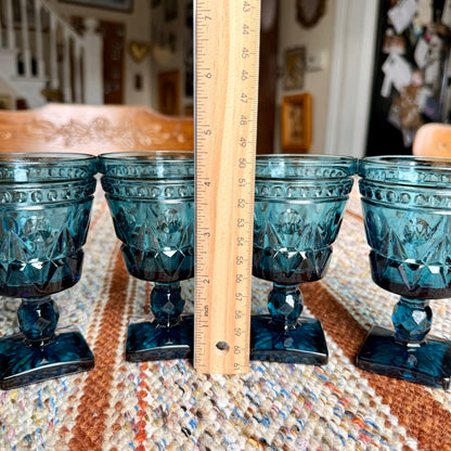 Set of 4 Vintage Mid-Century Modern Indiana Glass Park Lane Blue Glass Pedestal Wine Goblets