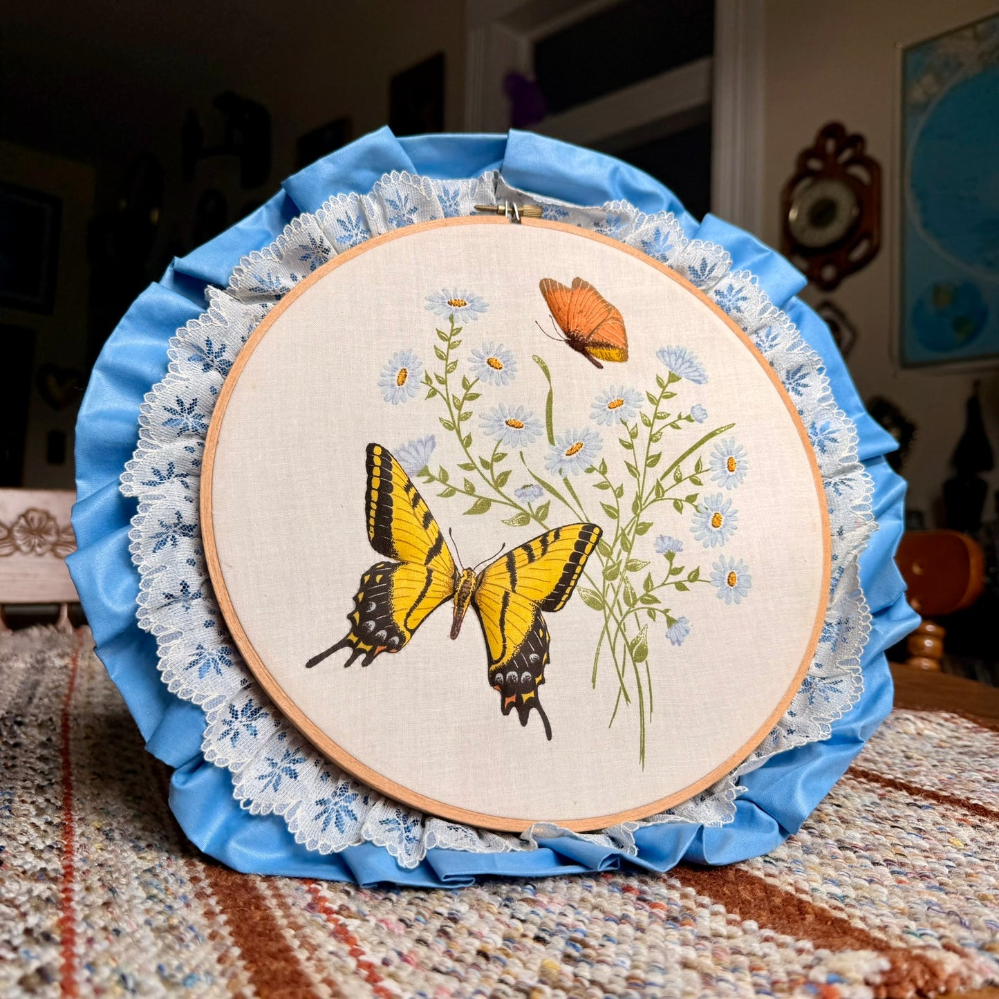 Vintage 1970s 3D Butterfly and Floral Themed Embroidery Hoop - Textile Art