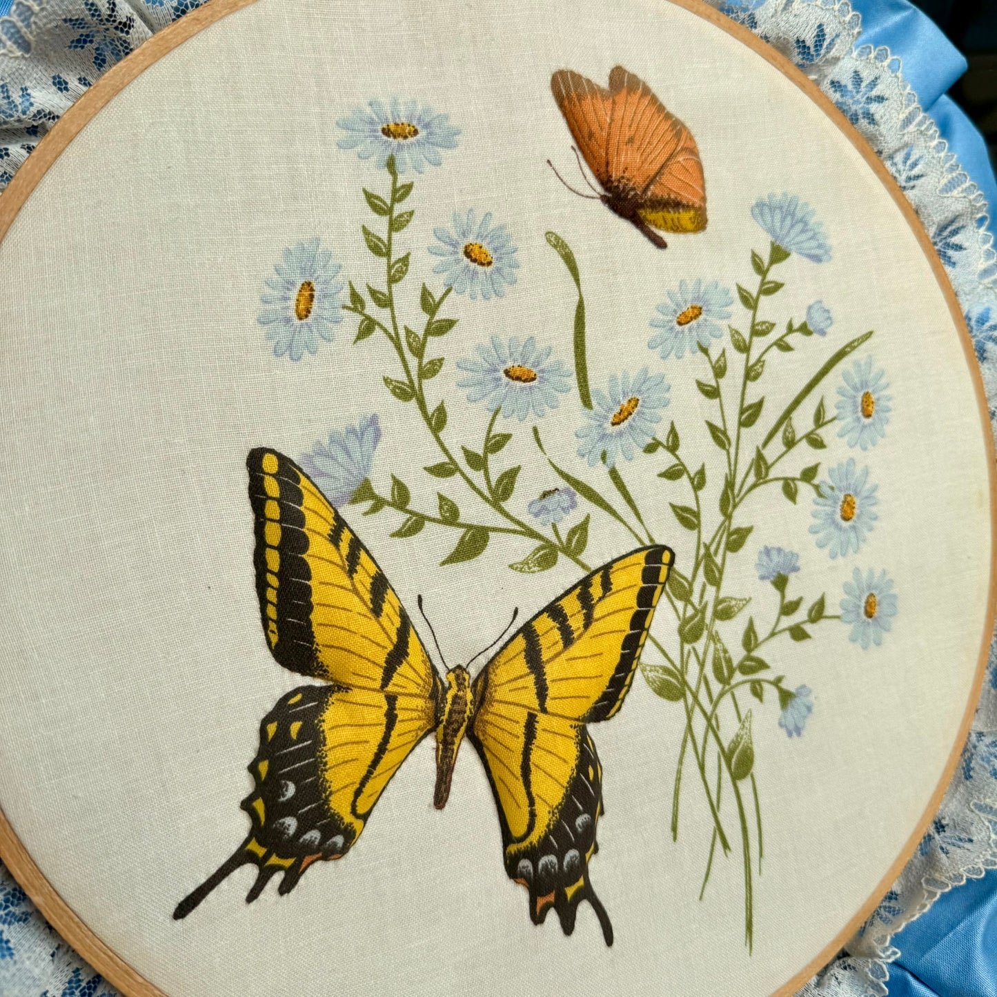 Vintage 1970s 3D Butterfly and Floral Themed Embroidery Hoop - Textile Art