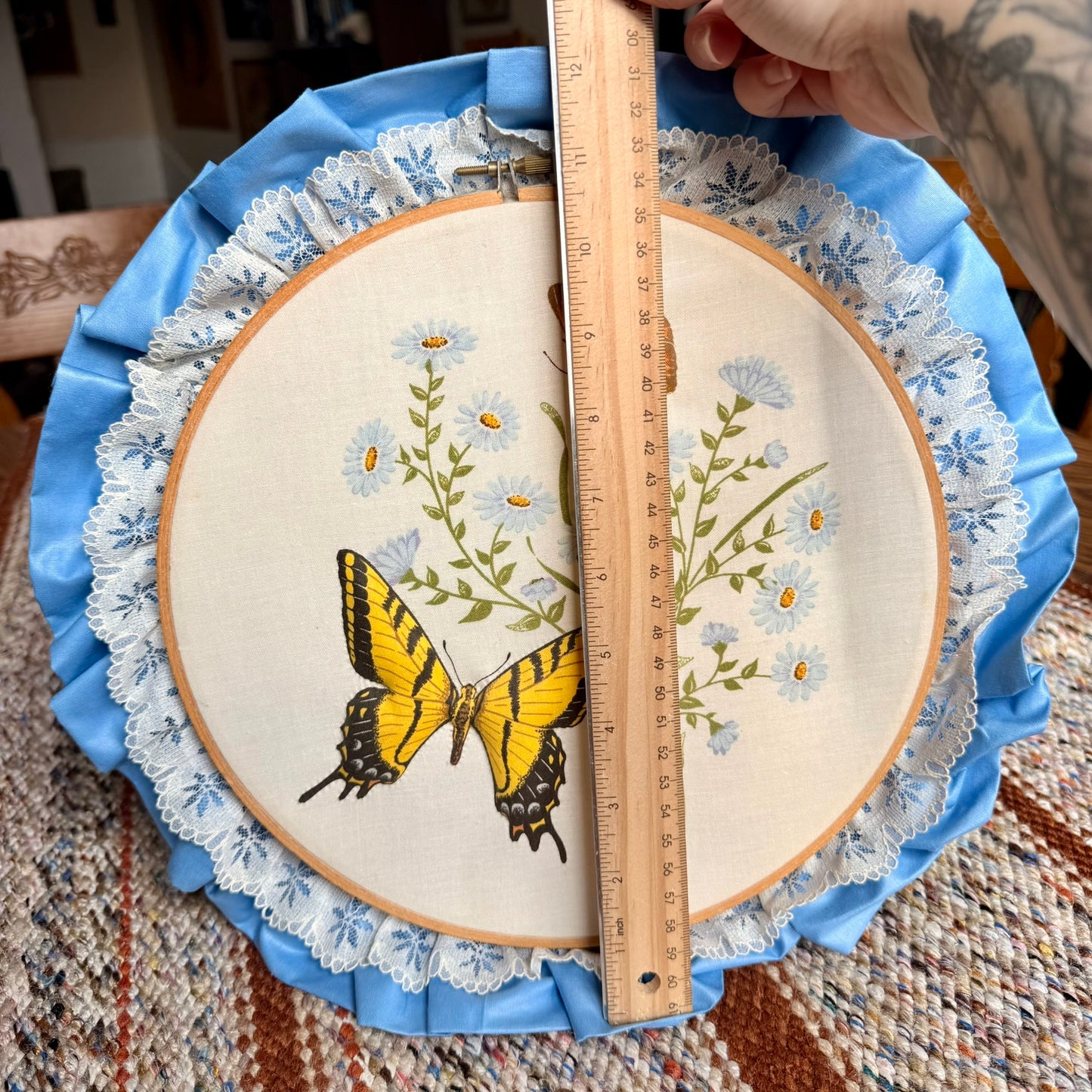 Vintage 1970s 3D Butterfly and Floral Themed Embroidery Hoop - Textile Art