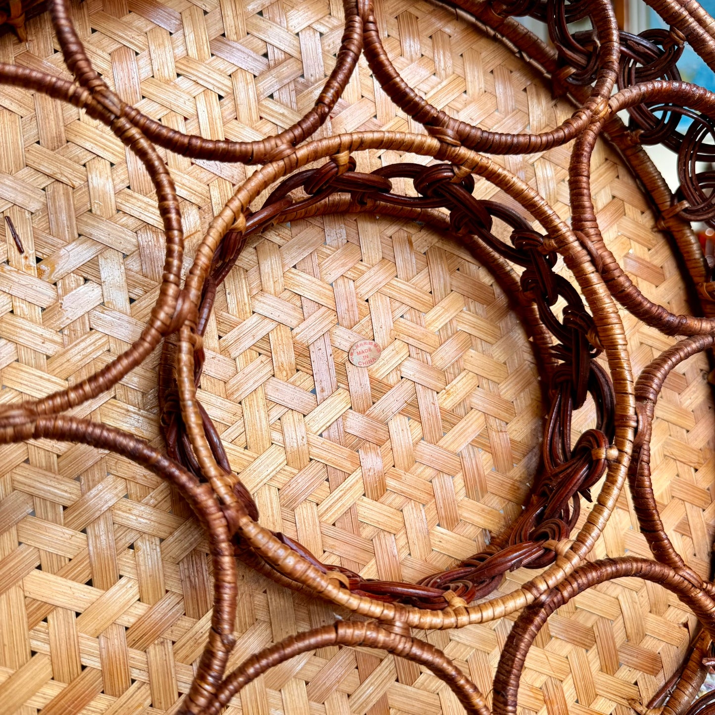 Vintage Wicker Rattan 8 Glass and One Pitcher Drink Server Basket