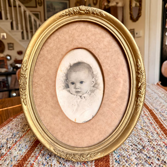 Antique Baby Photo in Antique Victorian Gold Gilt Ornate Oval Frame