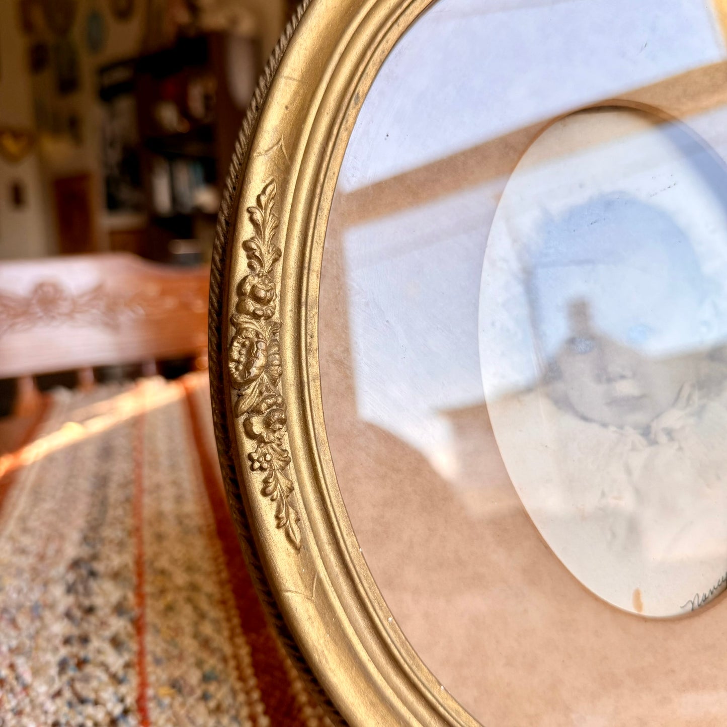 Antique Baby Photo in Antique Victorian Gold Gilt Ornate Oval Frame