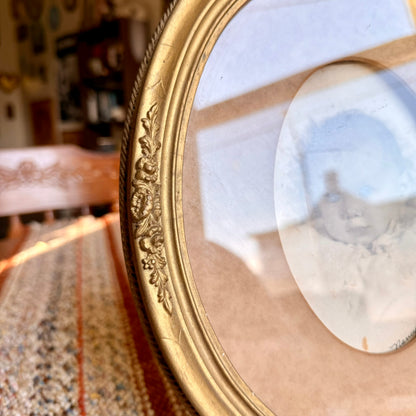 Antique Baby Photo in Antique Victorian Gold Gilt Ornate Oval Frame