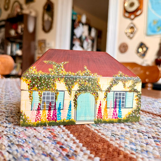 Vintage Hand Painted House Shaped Cottagecore Trinket Box
