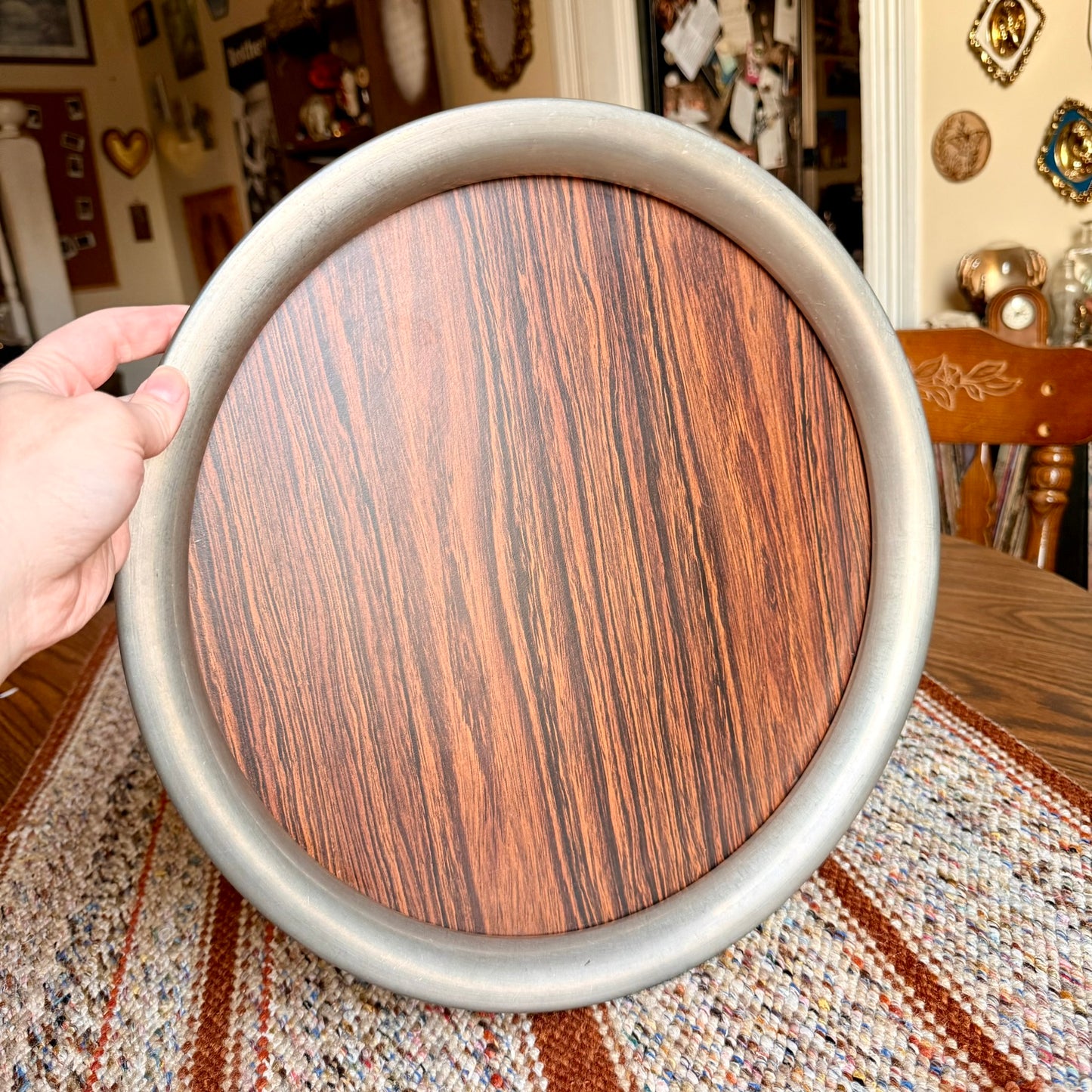 Vintage Towle Pewter and Laminate Wood Grain 14" Round Barware Serving Tray