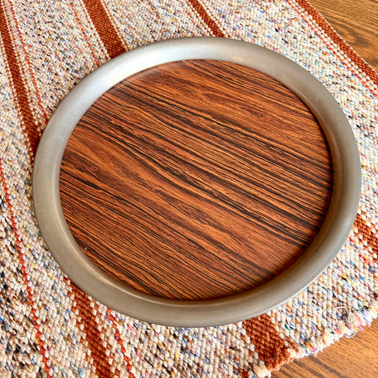 Vintage Towle Pewter and Laminate Wood Grain 14" Round Barware Serving Tray