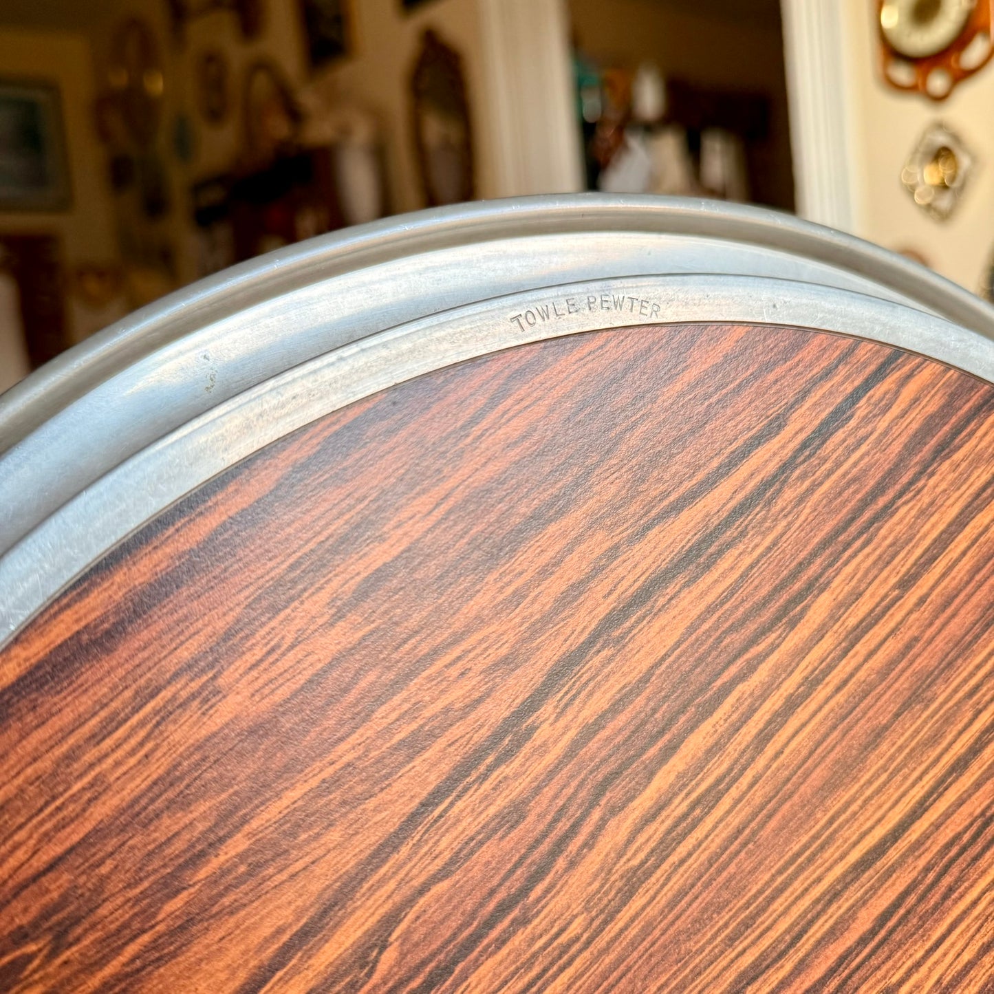 Vintage Towle Pewter and Laminate Wood Grain 14" Round Barware Serving Tray