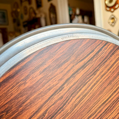Vintage Towle Pewter and Laminate Wood Grain 14" Round Barware Serving Tray