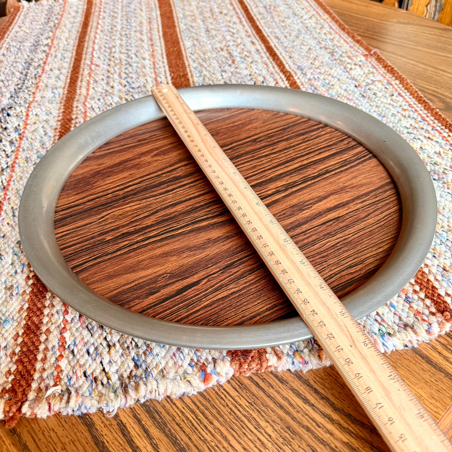 Vintage Towle Pewter and Laminate Wood Grain 14" Round Barware Serving Tray