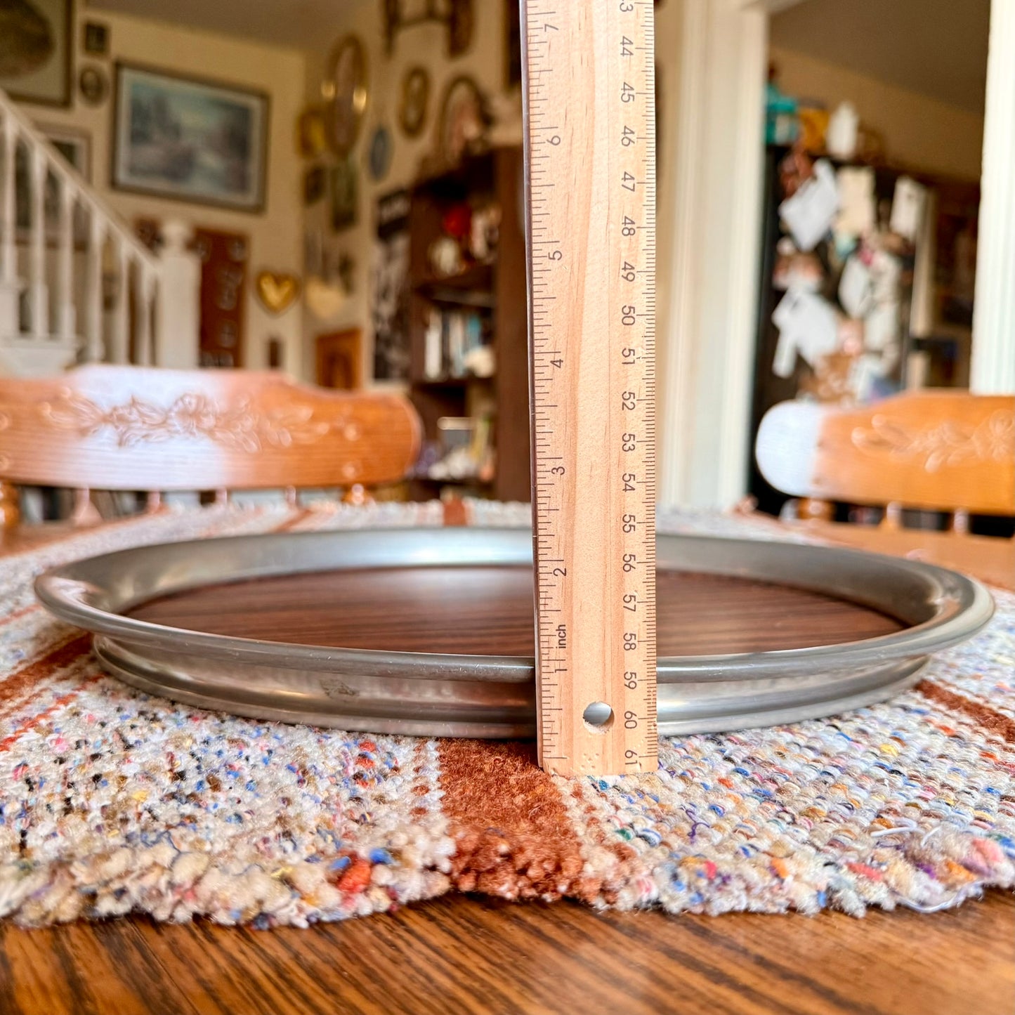 Vintage Towle Pewter and Laminate Wood Grain 14" Round Barware Serving Tray