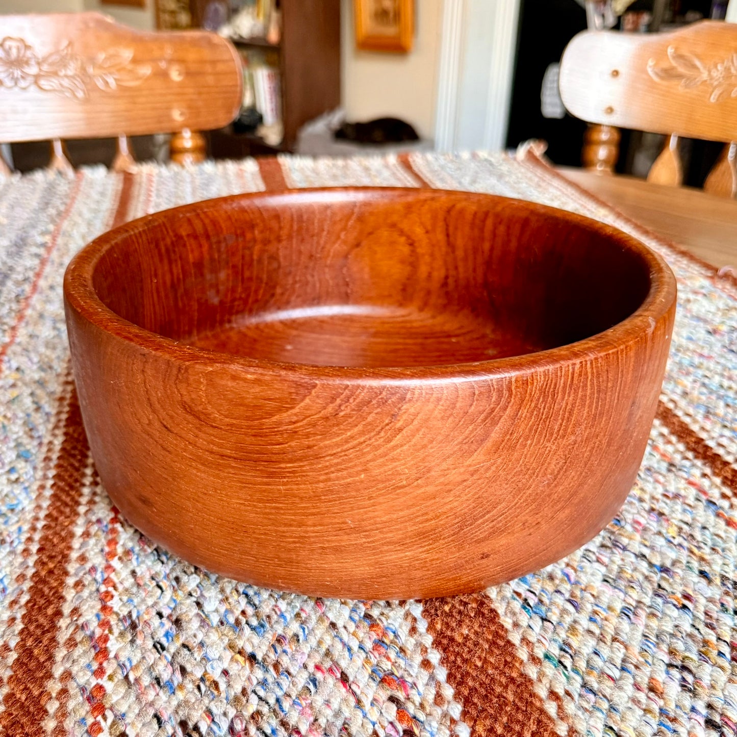 Vintage Teak Wood Salad Bowl Mid-Century Danish Modern Style Solid Teak Carved Bowl