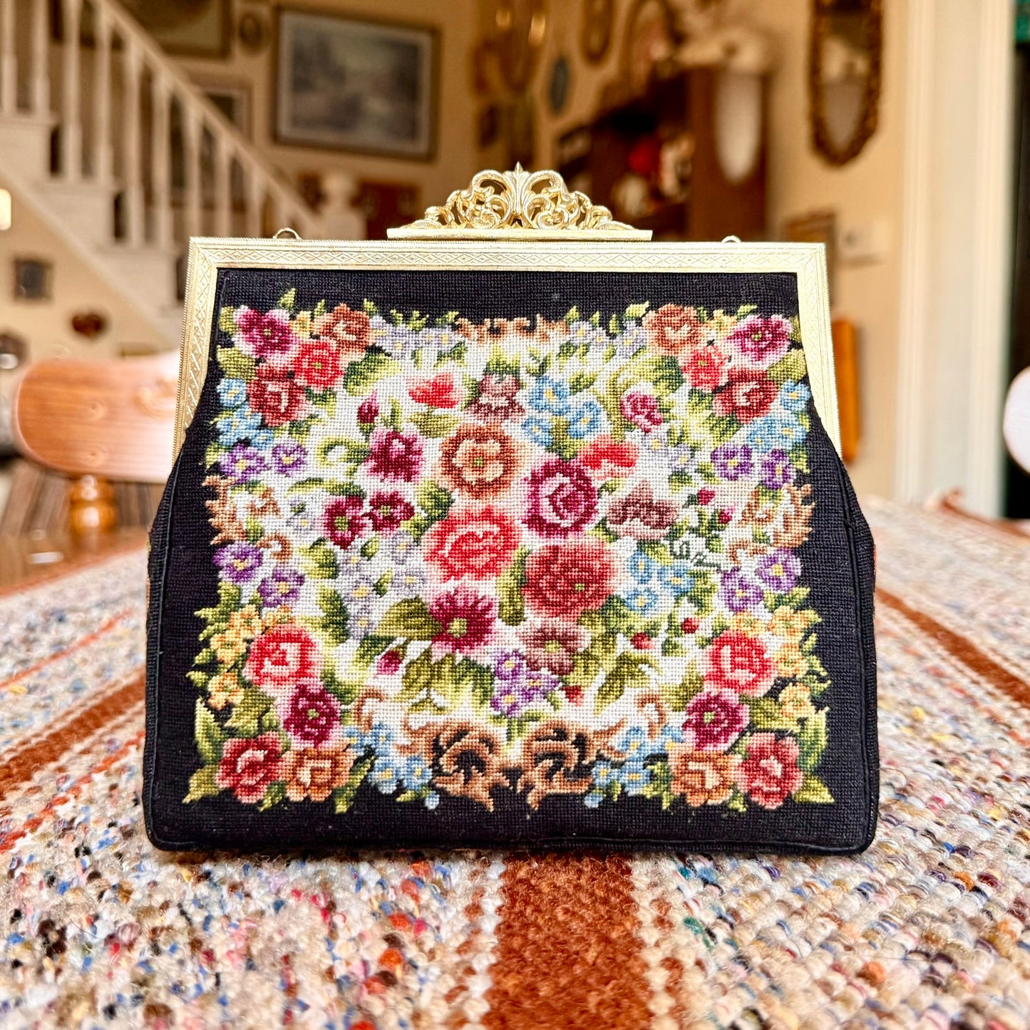 Vintage Petit Point Micro Needlepoint Floral Tapestry Clutch Evening Bag