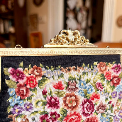Vintage Petit Point Micro Needlepoint Floral Tapestry Clutch Evening Bag